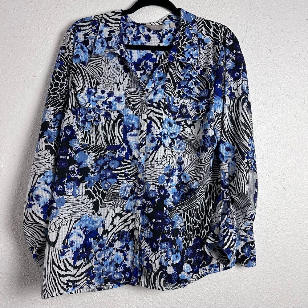 Coral Bay Women's Blue and Black Button Up‎ Shirt Size XL